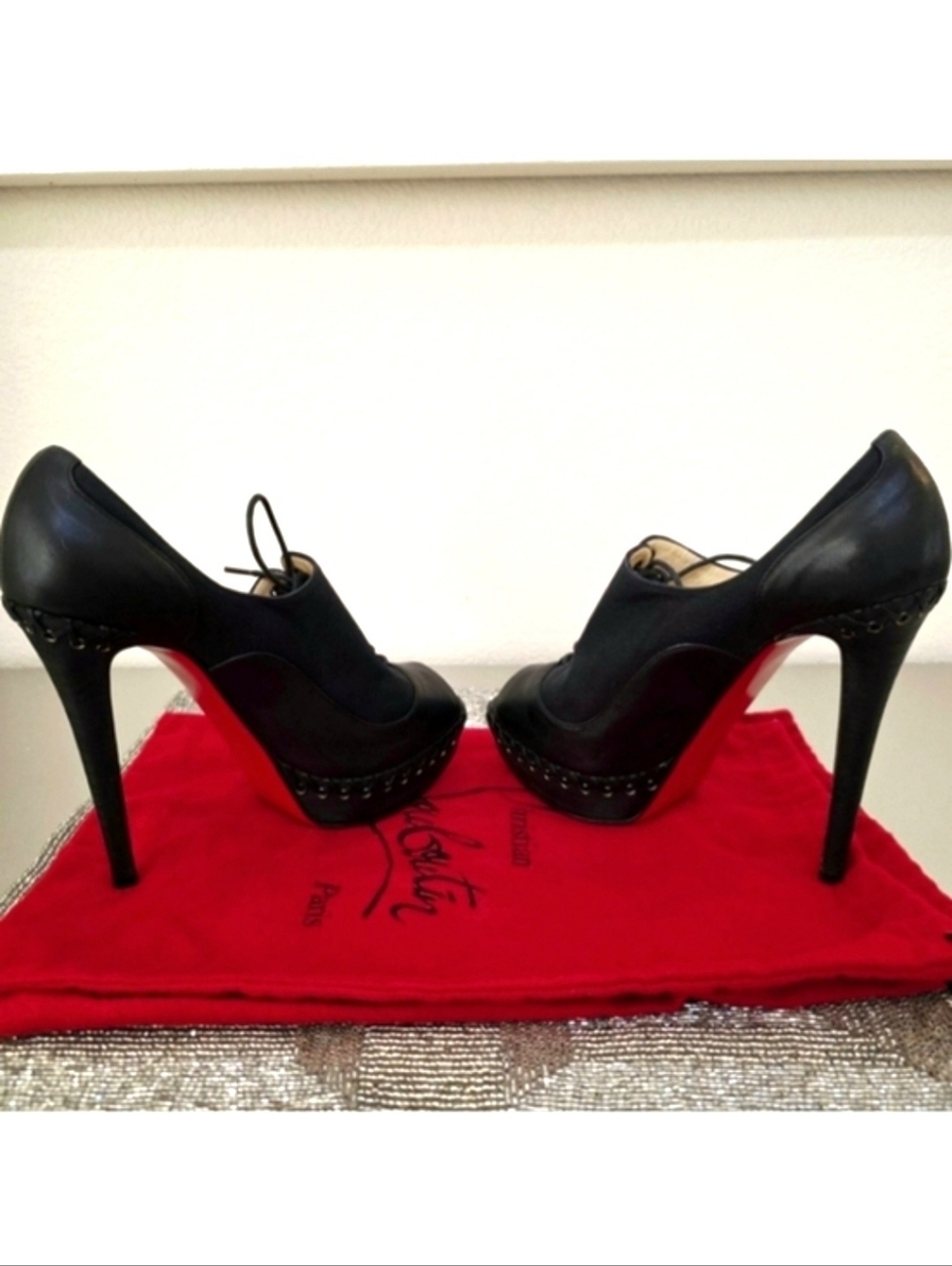 Christian Louboutin Black Leather lace up Peep-toe Ankle Booties EU 38.5 / US 8 - Picture 4 of 10